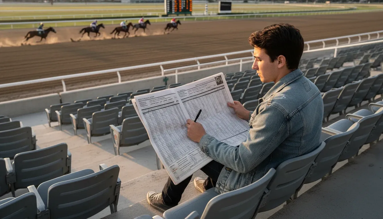 New bettor studying racing form at racetrack