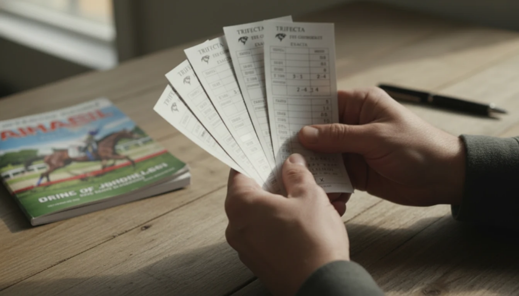 Bettor holding multiple racing tickets with trifecta selections