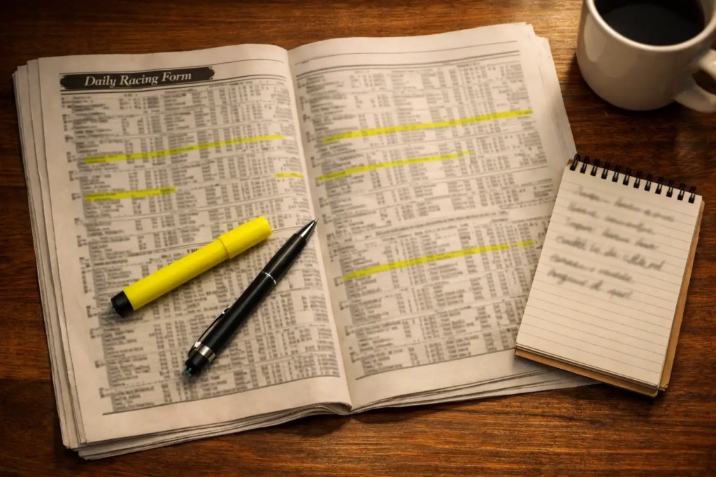Racing form guide with past performances and speed figures highlighted