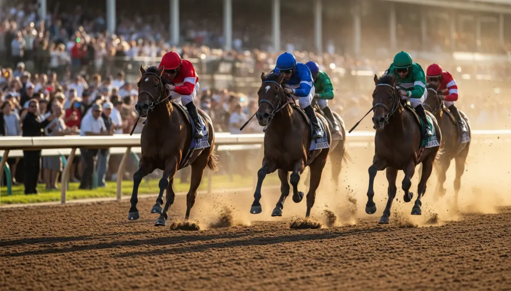 Thoroughbred horses racing on dirt track at full speed
