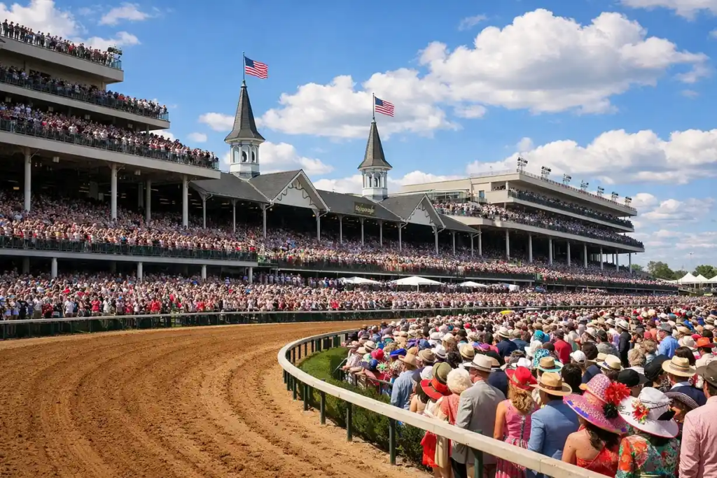 Churchill Downs grandstand during Kentucky Derby with packed crowd