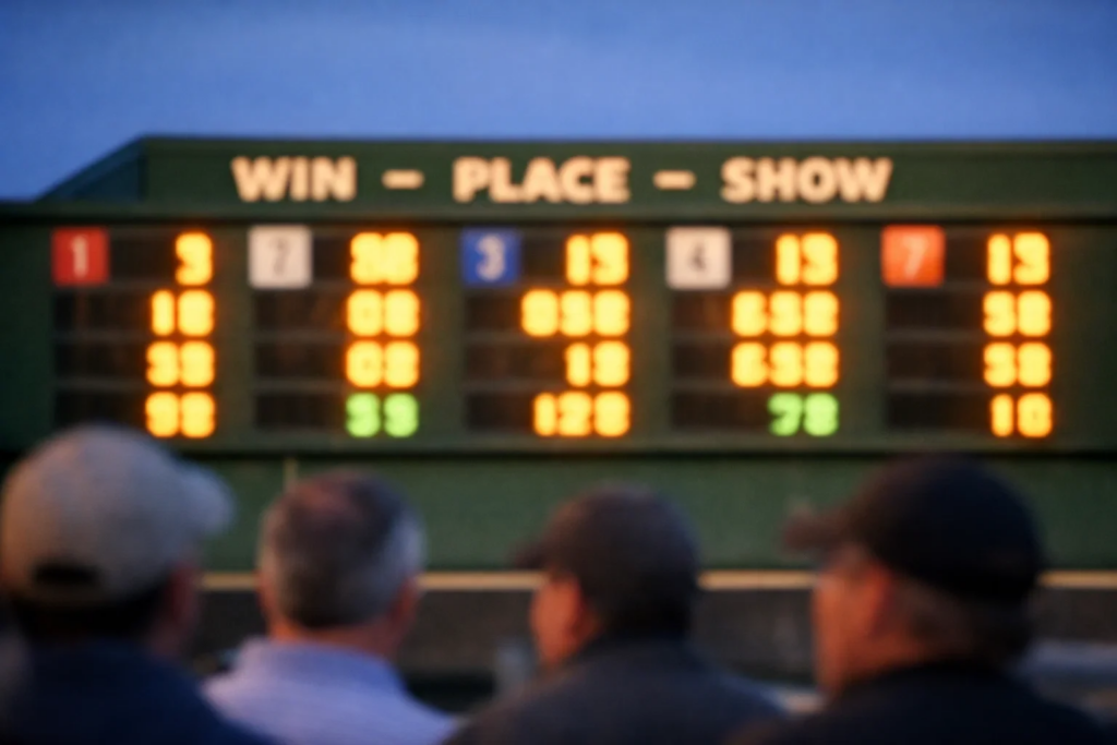 Horse racing tote board displaying live odds at racetrack