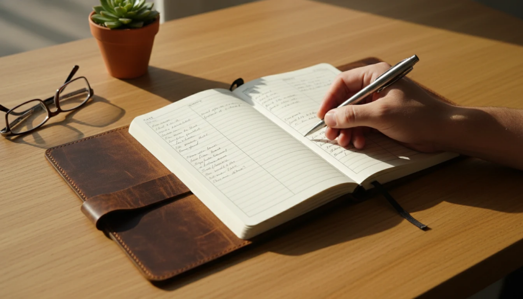 Person writing betting records in notebook with pen on desk